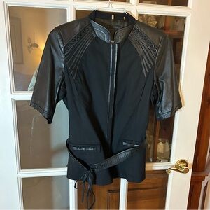 Elie Tahari Black Mixed-Media Short Sleeve Jacket with Leather Trim